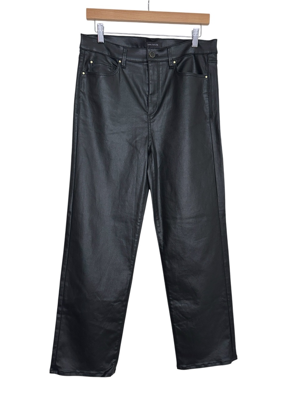 ANN TAYLOR High Rise Coated Straight Pants Black Faux Leather Vegan Leather Sz 8 - Picture 15 of 15